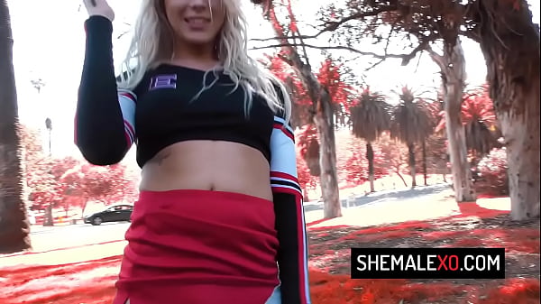 Stunning trans cheerleader Aubrey Kate takes two cocks at same time